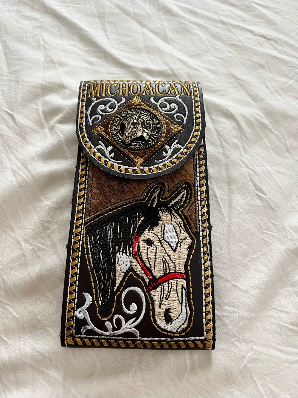 Michoacán Embroidered Horse Leather Phone Holster - Black & Brown - Picture 1 of 4